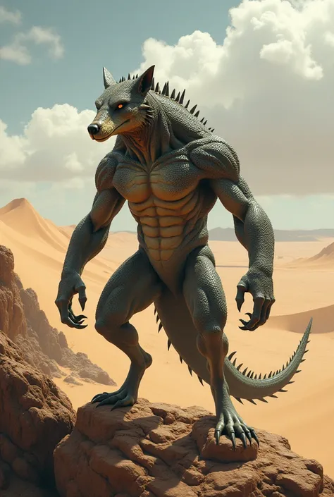 Create an image of an imposing hybrid creature that merges the features of a fierce wolf and a large lizard, set in a vast desert. This creature should have the muscular build and sharp eyes of a wolf, combined with the scaly skin and elongated tail of a l...