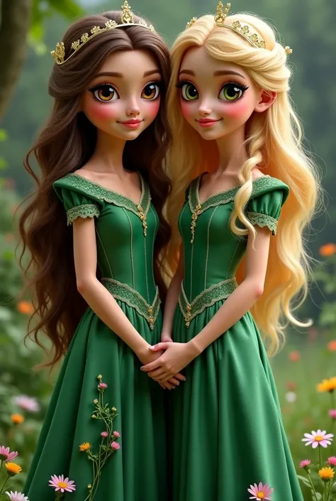  Two sisters who will be  ,  one brunette with brown eyes and the other blonde with green eyes, both wearing green dresses ,  inspired by the princess and the toad 