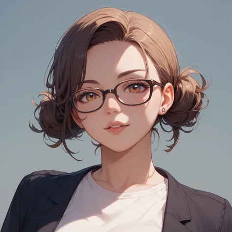 Career woman-style girl icon with glasses。 anime style illustration。 hair is brown 。