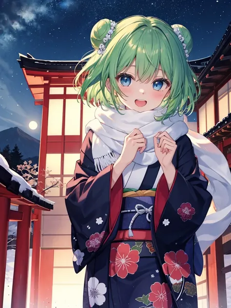 (( top quality )), ((masterpiece)), ( Details), Japanese temple bells,Visit to a shrine, Japanese Kimono,Long sleeves,scarf with fur, shows her teeth and laughs ,Short Hair,Left and right buns, green hair, blue eyes,Winter outdoors,Night Sky,New Year&#39;s...