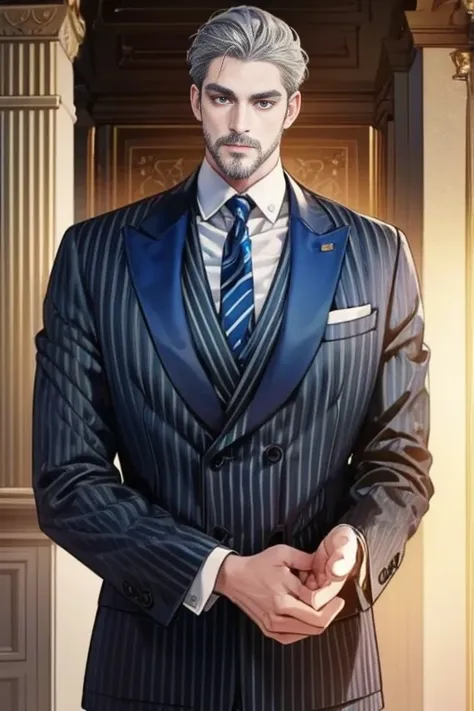 （Exquisite face，highest quality），male，solo，middle aged，uncle，40 years old，robust，super short hair，gangster，Gray blue striped suit，Nobility，（Beard scum：A small amount），Very impressive