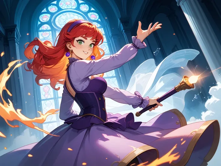 **A vibrant and confident young woman with striking features**, Daphne stands in a dramatic pose. Her signature fiery red hair cascades in soft waves down to her shoulders, perfectly styled with a touch of volume. She wears her iconic purple dress, a short...