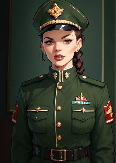 Make a picture of a girl in a military uniform with the rank of brigadier general and make her a masochist 