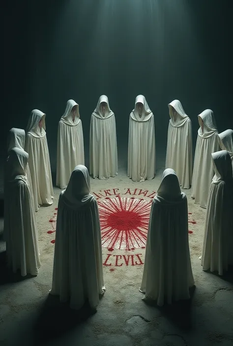 group of white hooded cloaked people circling around a blood written word on the ground that says “waynekane”