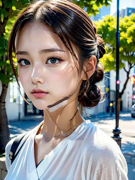 (((city:1.3,  outdoor,  chatting ))),  single eyelid, Hair tied up,  YOUNG AND CUTE, 23 years old, Hairstyle with bangs, topknot, tied hair, (clean,  natural cosmetics), ( top quality , masterpiece:1.3, 超 high res), ( super detailed ,  caustics), ( realist...