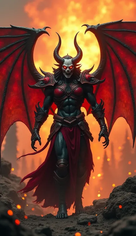  "A demonic humanoid figure with bat-like wings stands in a fiery, apocalyptic landscape. The character has a pale, menacing face with piercing eyes, adorned in red and black armor-like clothing. Its curved horns shine ominously, and its hands are clawed a...