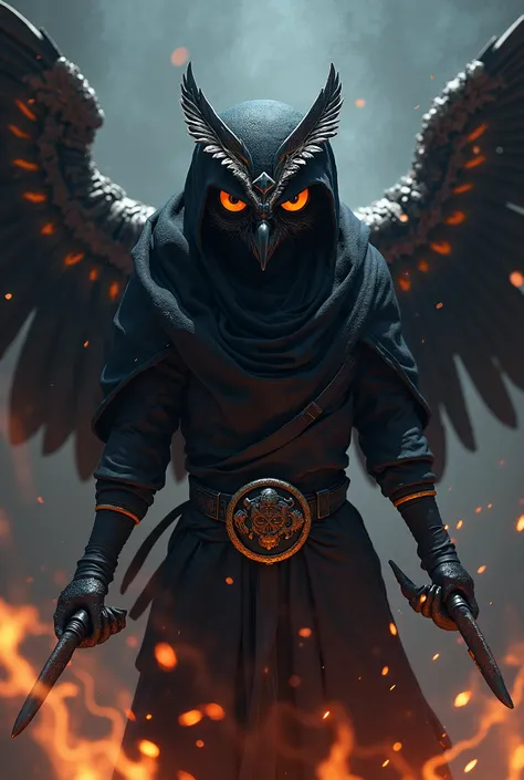 Owl with ninjas outfit, with shuriken, with black fire aura