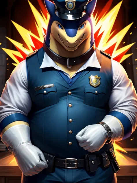 Solo, Male, close up, fat, extremely obese, gentleman, dapper Typhlosion, blue eyes, (soft shading), 4k, hi res, ((detailed face, detailed)), looking at viewer, evil grin, police station, collared shirt with buttons, hat, male focus, Police Uniform, glasse...