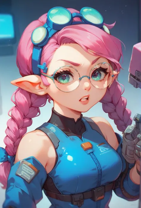 (1 girl) A cute gnome girl engineer from the space age, visibly shorter than a regular human, with long, pointed ears. She wears a futuristic silver and blue tech jumpsuit, covered in small tools and gadgets, with a toolbelt filled with advanced devices. H...