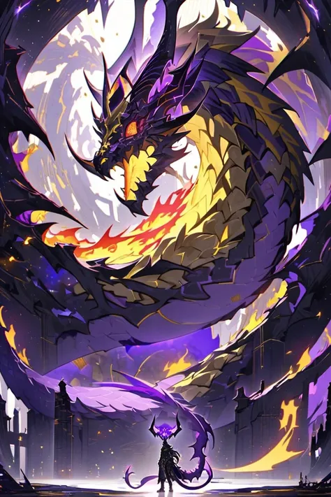 A two armed demi Dragon with a long tail, four horns on its head an eye covered in yellow, purple and red flame, the other eye, an orangeish yellow color with a purple hue. Long black and yellowish hair with purple highlights, his left arm covered in galax...