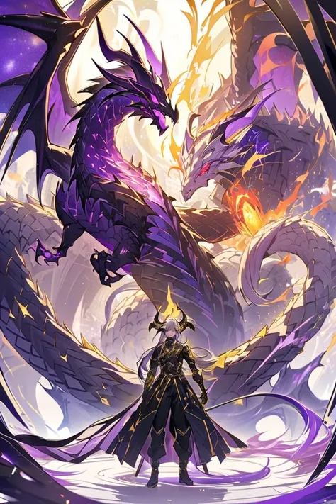 A two armed demi Dragon with a long tail, four horns on its head an eye covered in yellow, purple and red flame, the other eye, an orangeish yellow color with a purple hue. Long black and yellowish hair with purple highlights, his left arm covered in galax...