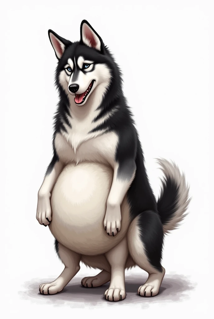 Can u draw 2 pictures of a realistic husky having a bugled belly stuffed with a  black Labrador . Make sure to add all the little details of the misshapen belly. One picture  should be side view and the other front view.