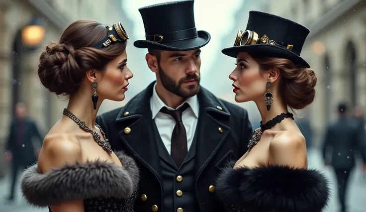 Three people, two women and one man, are standing closely together and engaged in conversation in a slightly snowy outdoor setting. The women have elegant, vintage-inspired hairstyles with updos and steampunk-style top hats adorned with goggles and mechani...