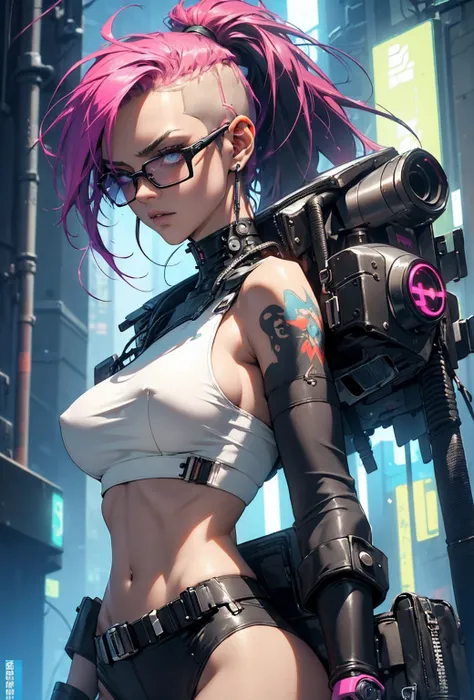 ((Best Quality)), ((Masterpiece)), (Detailed: 1.4), 3D, cyberpunk,shaved half head,half long hair neon color, a beautiful woman with big topless breasts,cyberpunk Ripperdoc with cybernetic limbs, with extremely sexy cosplay, thong, sideboob, glasses,tattoo...