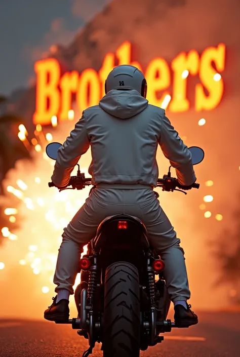 A biker dressed in white with a motorcycle setting off fireworks through the exhaust and the phrase THE BROTHERS JF written in orange in the background