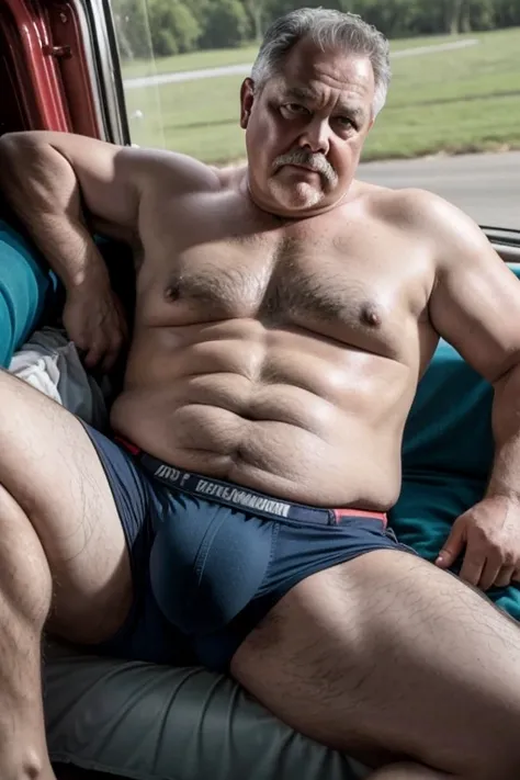  an erotic nsfw image of a 60-year-old trucker man who is overweight, He is wearing underwear lying down and sweaty with a giant penis in his underwear 