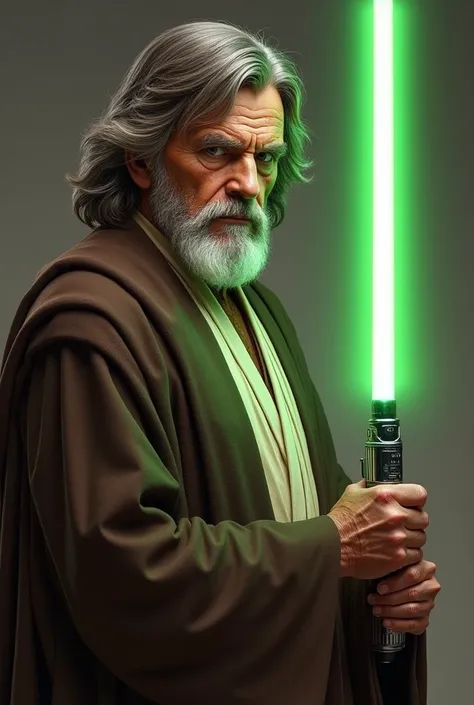  Generates a new image of Luke Skywalker .
Jedi Grand Master . 
60 YEARS.
  with a gray beard and long brown hair,   uses a green lightsaber .
