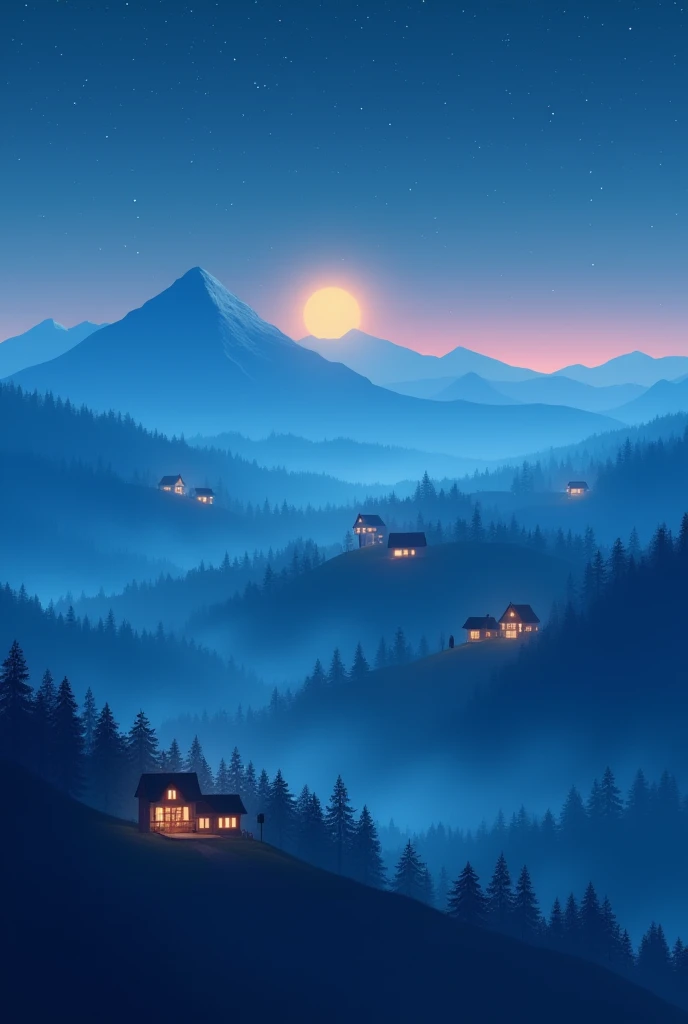  Make it with AI
Tranquil mountain scenery at night with sky filled with glittering stars.  The peaks of the mountain are covered in a thin fog ,  and there are several small wooden houses with warm light shining from their windows , scattered on the hills...