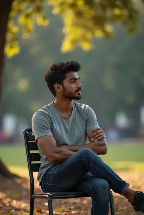 Very sad Indian realistic 30 year old handsome boy, sitting on the chair in a park, he feals alone in his life, and he is not happy with society, he wears casual clothes and he is lost in the thoughts seriously. Cinematic photography, perfect light, perfec...