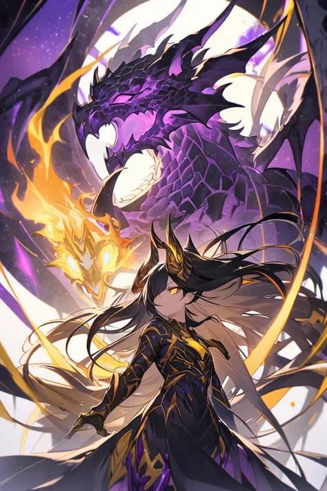 A two armed demi Dragon with a long tail, four horns on its head an eye covered in yellow, purple and red flame, the other eye, an orangeish yellow color with a purple hue. Long black and yellowish hair with purple highlights, her left arm covered in galax...