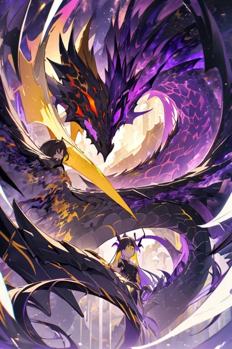 A two armed demi Dragon with a long tail, four horns on its head an eye covered in yellow, purple and red flame, the other eye, an orangeish yellow color with a purple hue. Long black and yellowish hair with purple highlights, her left arm covered in galax...