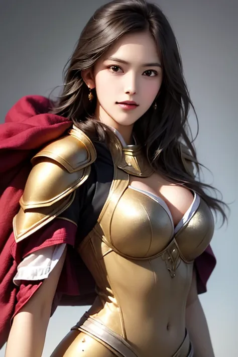 ((The upper body of a female warrior wearing gold and red light armor and a cloak:1.5)),1 person,  black hair,  belly shortcut   ,Big breasts and cleavage,  high-definition face and skin texture  ,  staring at the camera,   Chinese Warrior:1.2,  perfect be...