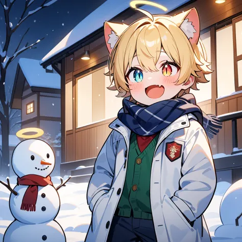 （masterpiece：1.2，high quality），8k，High resolution，A seven-year-old boy，cute boy，blonde hair，short hair，heterochromia，slit pupils， ahoge，cat ears，Halo，laughing， skin fang，Wearing a white coat，scarf，Dark blue pants， ，night， tree，，primary school student，thigh...