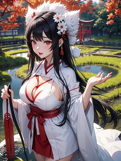 Japanese Mythology、Inari、goddess、 white shrine maiden costume arranged in a miniskirt、 long black hair 、 white skin、 red lips、shrine、 big breasts,Holding an ear of rice in a rice field 