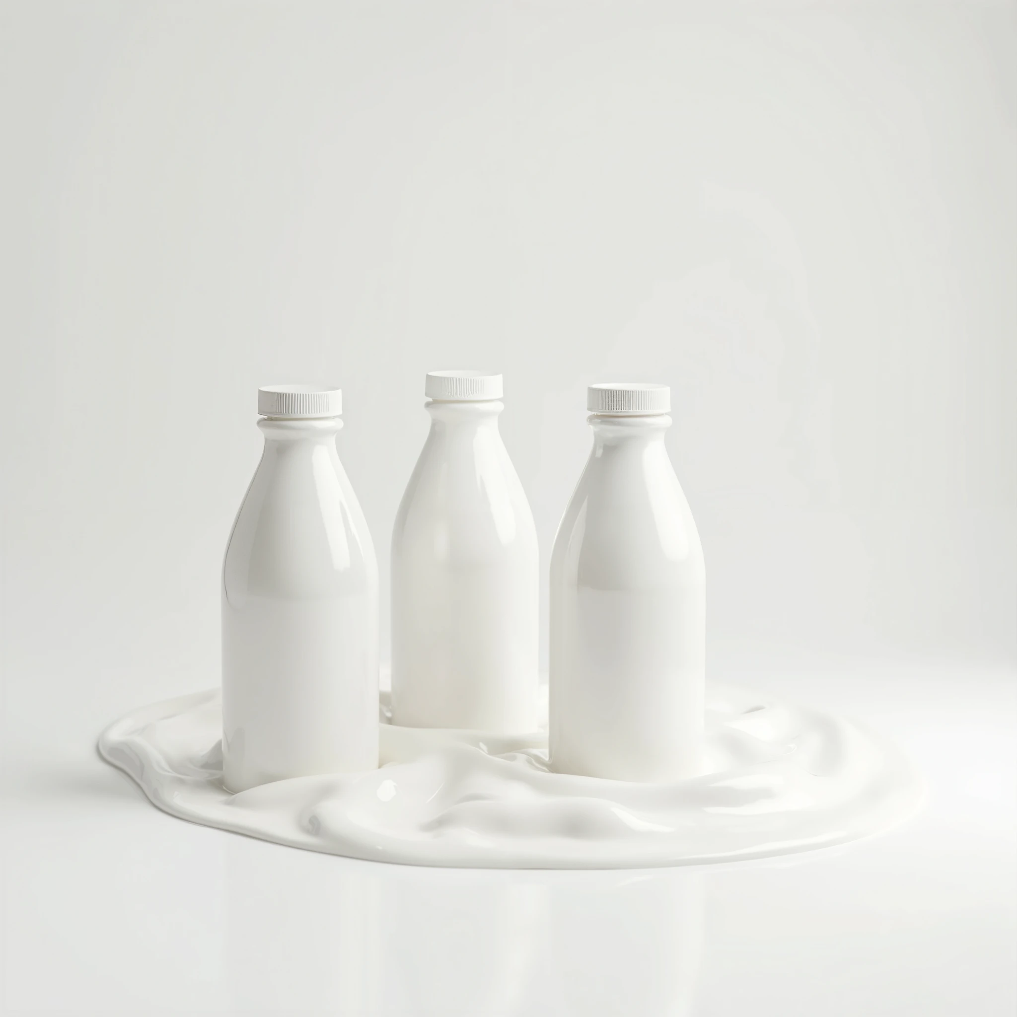 three white bottles sit on a white milky surface, a picture by Jakob Gauermann, pexels, conceptual art, high-quality topical render, 3 d product render, product render, product shoot, professional product shot, product photography, key shot product render,...