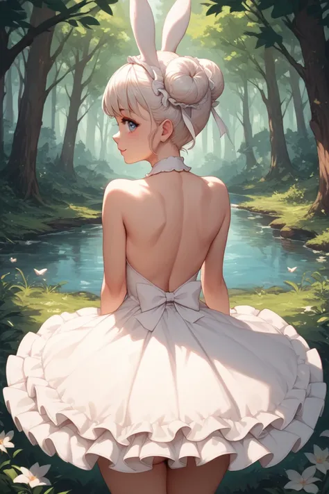 a beautiful woman, bunny ears, white duble buns hair, white ruffled dress, small breasts, sexy, adult, fantasy, cute, adorable, sticking butt out, back pov, forest