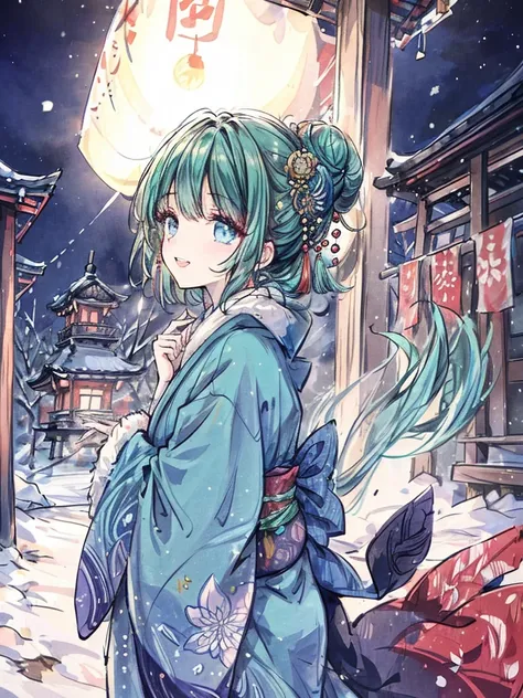 (( top quality )), ((masterpiece)), ( Details), Japanese bell tower ,Visit to a shrine, gorgeous Japanese blue kimono,Long sleeves,scarf with fur, show your teeth and laugh,Short Hair,Left and right buns, green hair, blue eyes,Winter outdoors,Night Sky, Ne...