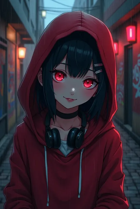 Girl, red eyes, black hair, sneeky grin, red hoodie, streetwear, hoddie, hood up, dark background, hairclip, backstreet alley, anime, graffiti, serious, night, tattoo, Wallpaper, extras, dark, raining, cold breath, headphones, dark atmosphere