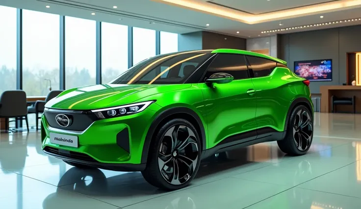 2025 (mahjndra ) green  shiny left  view in showroom