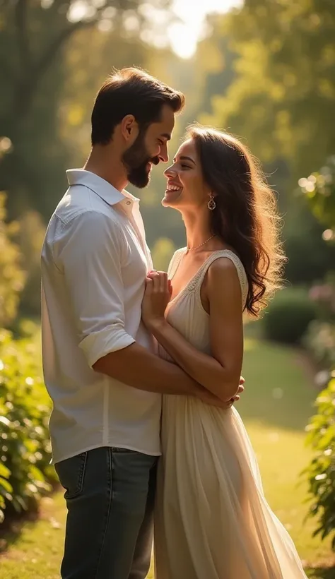 a man and woman dancing in a garden .  Jesus Christ is in the background of the image watching them in a smiling way in the background. clear environment. all happy. Real photo, cinema effect,  ultra HD resolution .