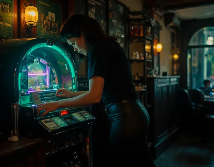 A cinematic shot in a cozy, traditional English pub where a 19-year-old girl stands beside a vintage jukebox, her fingers hovering over the colorful buttons as she selects a song. She wears a tight, fitted black t-shirt and matte black leather pants, with ...