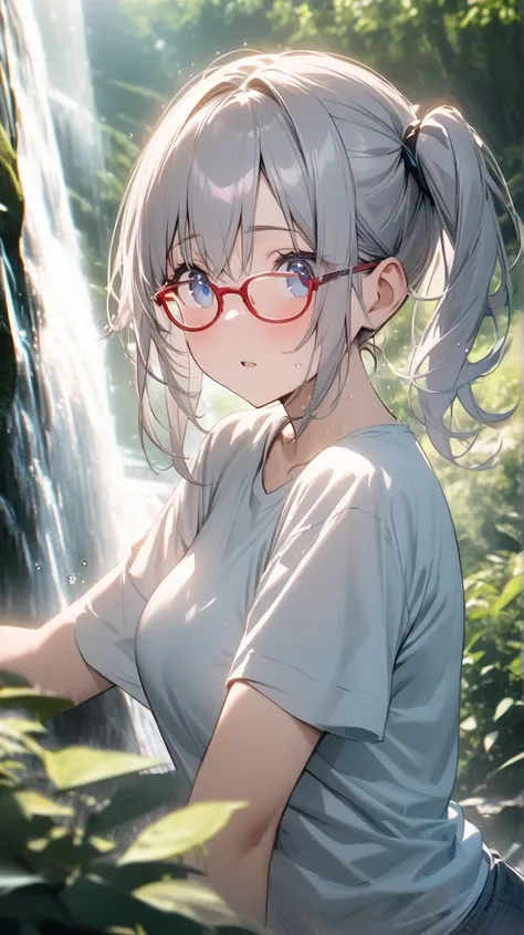  high res, masterpiece,  1 girl,  blue eyes, Grey Hair,  Side Ponytail ,  red rimmed glasses、T-Shirts、in the woods、Big waterfall、 splashes 、Gentle Light、Cool feeling、Transparency、 overexposed, 