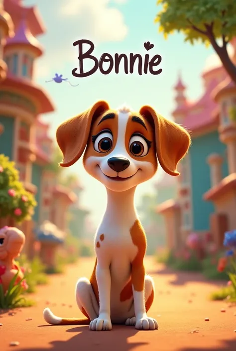 Disney Pixar poster with a title that says Bonnie, a medium-sized white dog with brown color with freckles on her trunk and legs, long ears, black eyes and very affectionate.