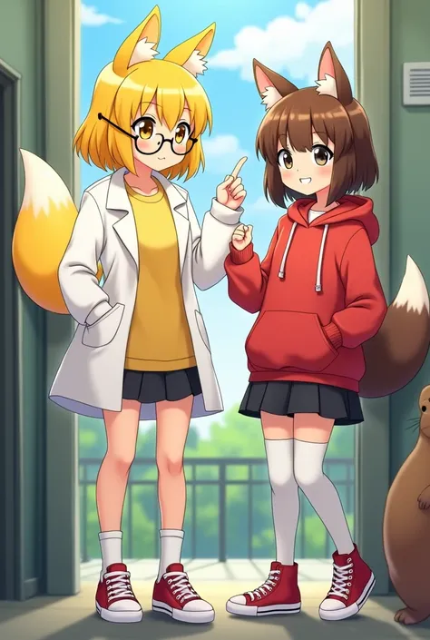 yellow-haired young woman with yellow fox ears with 2 yellow tails yellow-eyed in white scientists coat with yellow sweatshirt with round glasses and fluffy and a young teenage girl with red hoodie thigh-high socks red allstars sneakers short brown hair wi...