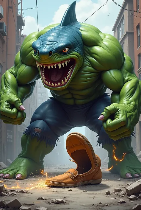 A hulk mixed with shark fighting against Spider-Mans mothers slipper