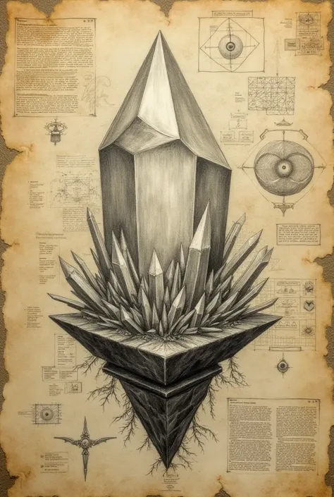 magic crystal drawn on old paper in pencil ,  that the drawing or rather the research with annotations looks old 