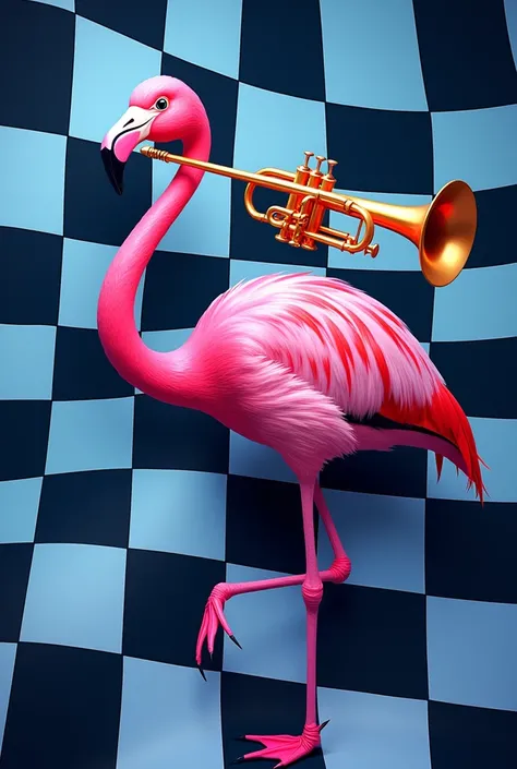 Create an image of a logo of a pink flamingo playing the trumpet,  add black and white squares like chess and add blue tones 