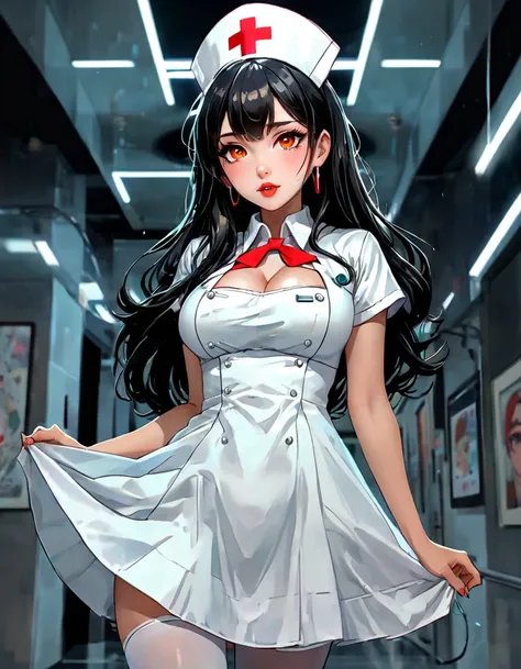 ((masterpiece)), ((best quality)), (ultra detailed), ((kawaii)), cute, (lovely), anime style, hospital, night, a cute girl, 1 girl, alone, beautiful black hair , beautiful red eyes, ((beautiful eyes)), long hair, lip, earrings, cool, thunder effect, nurse,...