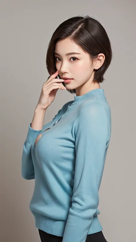 (( top quality , 【8k, masterpiece :1.3)), A 3D Girl , Good figure，Abdominal Slim  :1.3, (Medium short hair ,  huge breasts :1.2),  Cardigans at the back of the hand :1.1,  High Detail Face Mask, fine grain,  Single Eyeliner 