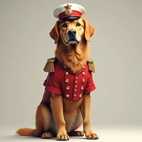 A golden retriever wearing a red and white military uniform and wearing a red and white military helmet、