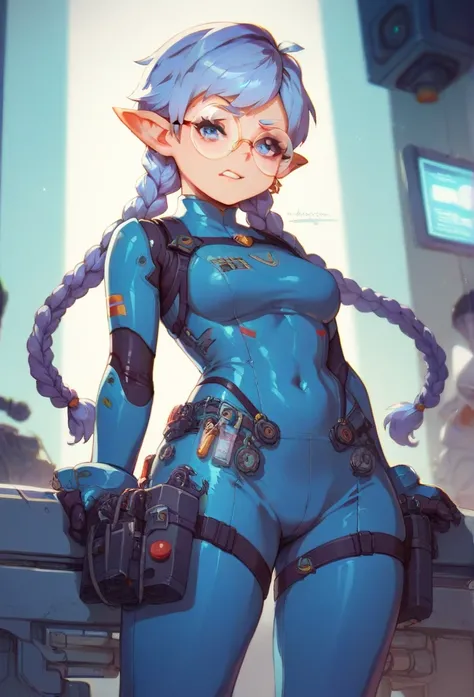 (1 girl) A cute gnome girl engineer from the space age, visibly shorter than a regular human, with long, pointed ears. She wears a futuristic silver and blue tech jumpsuit, covered in small tools and gadgets, with a toolbelt filled with advanced devices. H...