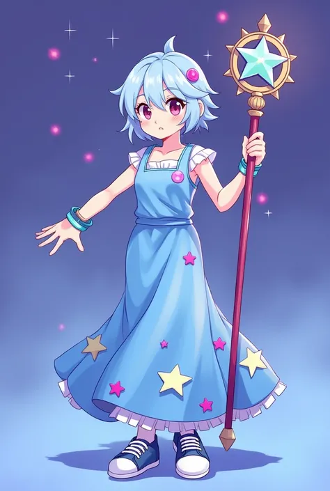 Gender:  female 
Height :1. 50
Age :17
Hair :  short hair in light blue and a little messy 
Clothes :  wears a long fluffy dress ,  with embroidered stars ,  with no sleeves and sponge shoulder pads 
Shoes :  normal blue sneaker with laces 
Medias :  uses ...