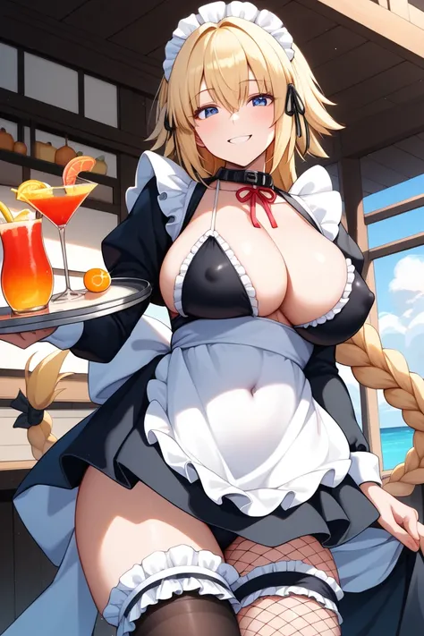 masterpiece,best quality,{{detailed beautiful face and eyes}}, 
Jeanne DArc,{{{megami magazine}}},long hair,blonde hair,single braid,hair between eyes,headpiece,blue eyes,large breasts,
(black maid bikini:1.4),(white long apron:1.4),(frills:1.2), white mai...