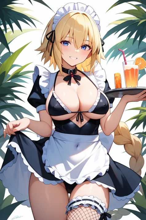 masterpiece,best quality,{{detailed beautiful face and eyes}}, 
Jeanne DArc,{{{megami magazine}}},long hair,blonde hair,single braid,hair between eyes,headpiece,blue eyes,large breasts,
(black maid bikini:1.4),(white long apron:1.4),(frills:1.2), white mai...