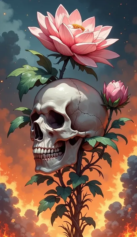 Beautiful death flower with skull into fire