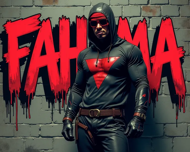 A dark retro graffiti-style drawing of a Marvel DARE DEVIL character. The character is wearing outfit and is in an urban ghetto setting. There is a large text that says "FAHAMA" IN BLOODY FONT.  The background is a brick wall with graffiti.